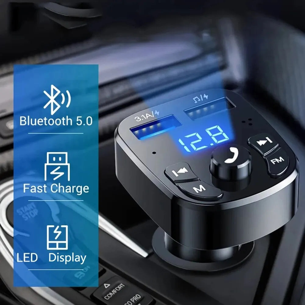 Car MP3 Player with Dual USB Fast Charger, FM Bluetooth Receiver, and 5.0 Bluetooth Compatibility - USB Flash Drive Plug-In Car Kit