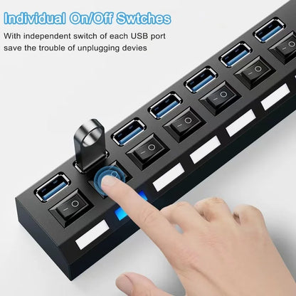 USB HUB 3.0 2.0 Adapter Expander High Speed 7 Ports Multi USB Splitter Multiple USB Extender with LED Lamp Switch for PC Laptop